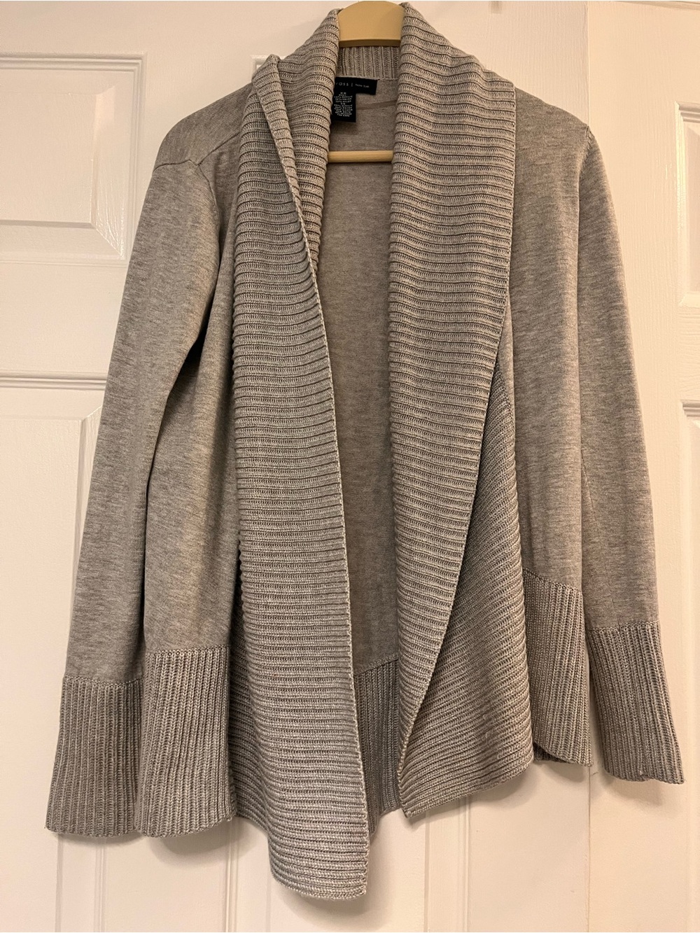 Joan Vass light Gray Ribbed Shawl-Collar Open Cardigan XS